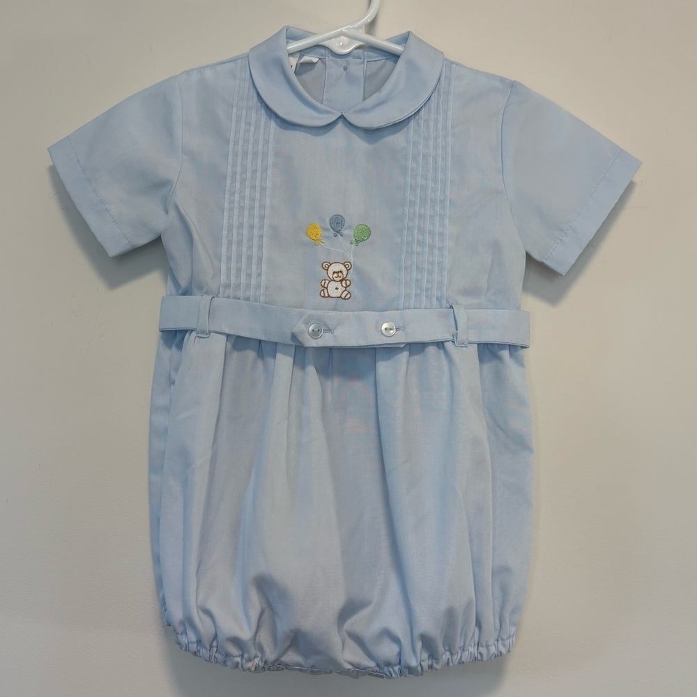 Classic Light Blue Baby One-Piece with Teddy Embroidery